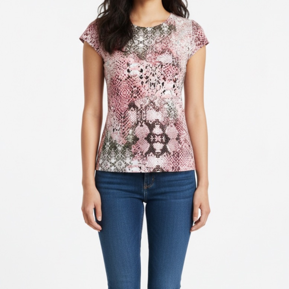 Liz Claiborne Pink and Brown Patterned Crew Neck Short Cap Sleeve Petite XS Top